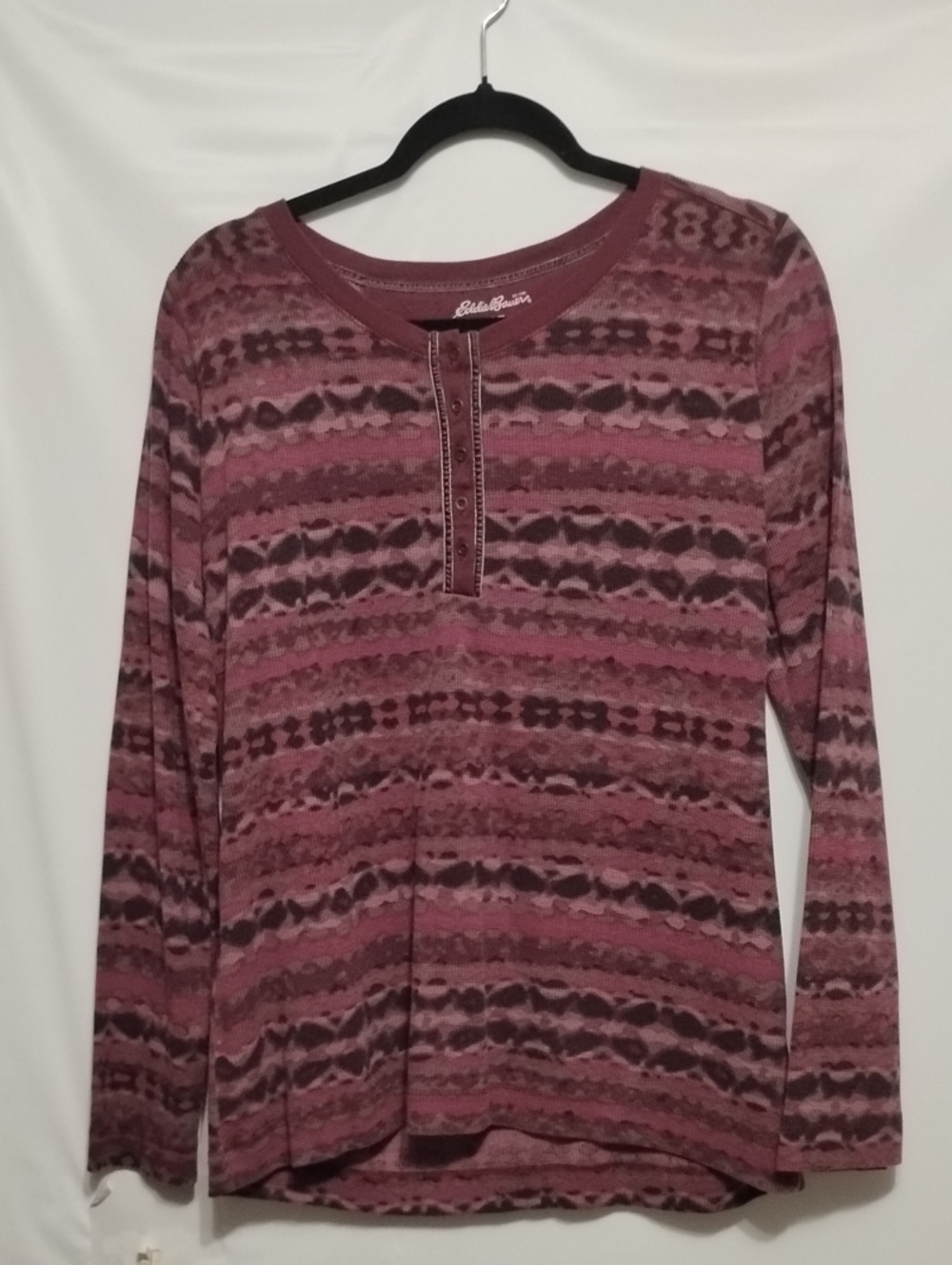Eddie Bauer Grunge Waffle Knit Thermal Plum Multi-Stripe Henley Top